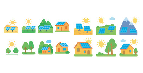 Fototapeta premium Sustainable energy flat icons set – solar, renewable, eco symbols