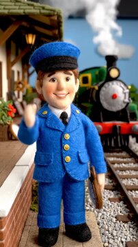 Stop Motion Train Conductor Checks His Pocket Watch at Station