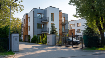 Modern Apartment Building with Green Balconies at Sunset
