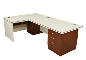 Isolated L-shaped desk, contemporary design, neutral colors; office furniture with drawers