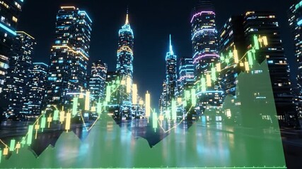 Futuristic urban skyline featuring illuminated skyscrapers and vibrant digital stock market graph overlay, showcasing modern architecture and technology, symbolizing growth and innovation in finance - Powered by Adobe