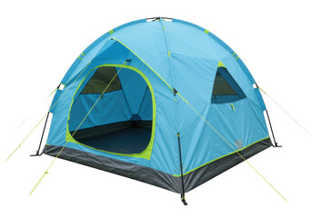 Isolated dome tent for camping and outdoor adventures in blue with green trim, gear for trips
