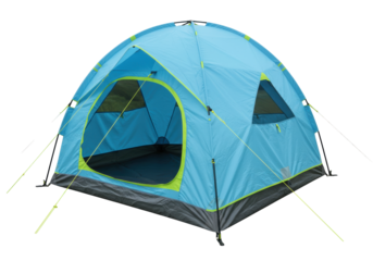 Isolated dome tent for camping and outdoor adventures in blue with green trim, gear for trips
