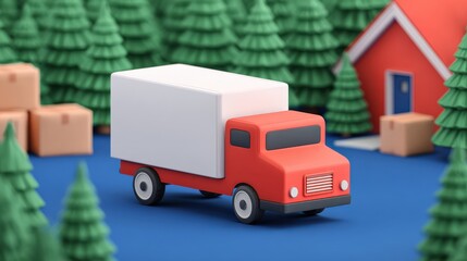 Package arriving home concept, Colorful toy truck parked near a house and boxes in a forest setting.