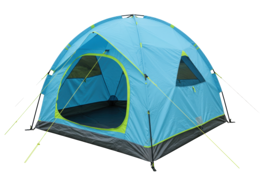 Isolated dome tent for camping and outdoor adventures in blue with green trim, gear for trips