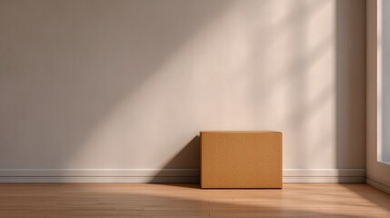Package arriving home concept, Empty room with natural light highlighting a wooden box on the floor.