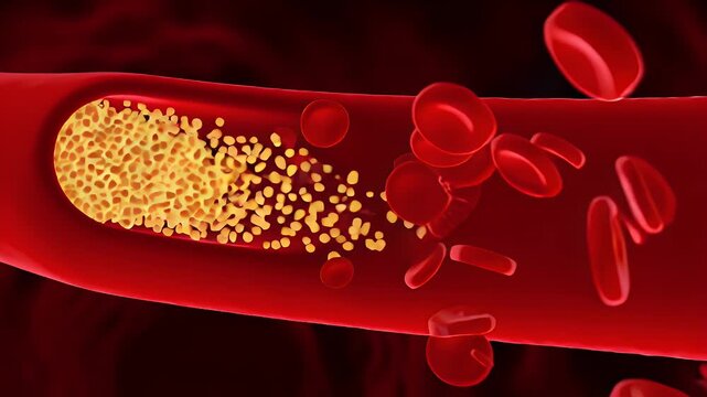 Cross-sectional view of an artery showing lipid plaque buildup and platelets