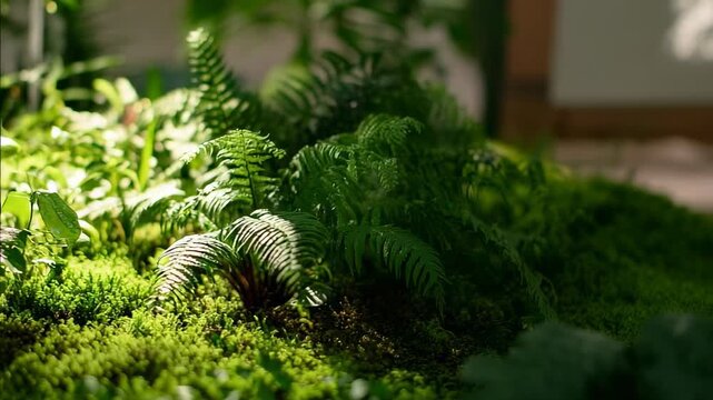 A detailed close-up of lush green ferns and moss under gentle sunlight
