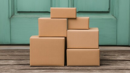 Package arriving home concept, Piled cardboard boxes in front of a teal door on a wooden surface.