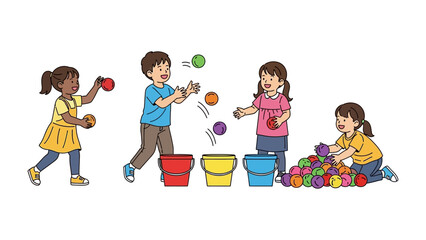 Playful Day at the Playground: Young children engaged in a vibrant outdoor playground scene, tossing colorful balls into buckets and showcasing the joy of group play.