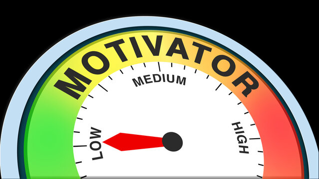 Motivator, text level concept illustration with barometer or tachometer meter on black background. Suitable for driving inspiration, encouraging action, and boosting performance visuals
