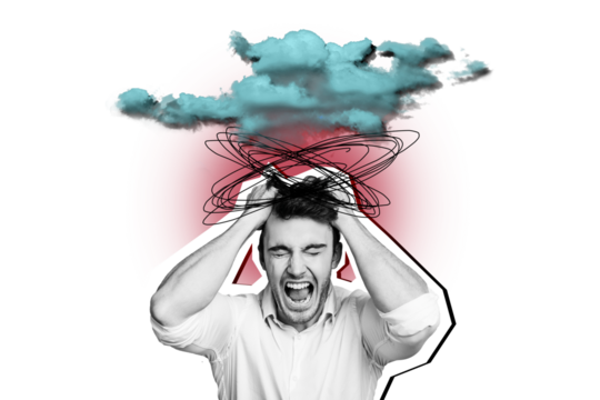 Composite photo collage of angry man tear hair psychological problem work stress deadline business failure isolated on painted background