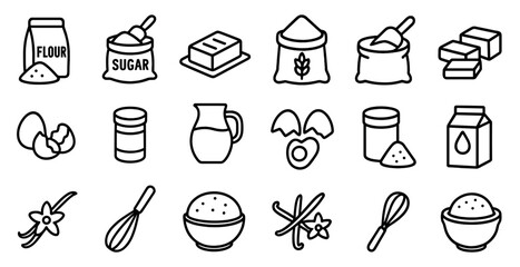 Cooking ingredients outline icons set – line, kitchen, food preparation symbols