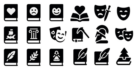 Theater and literature silhouette icons set &ndash; solid, filled, drama and book symbols