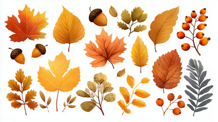 Obraz premium Autumn leaves set. Fall maple, oak, chestnut leaves, berries, acorn, forest foliage.