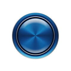 A shiny blue metallic button with a brushed metal texture, isolated on transparent background