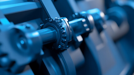Fototapeta premium Close-up of precision-engineered metal gears in cool blue tones, showcasing intricate mechanical design and engineering. Perfect for tech visuals.