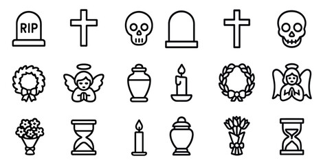 Funeral and cemetery icons set – outline, linear, memorial and remembrance symbols