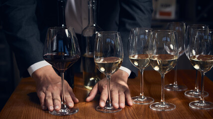 Sommelier comparing red and white wines during elegant tasting session. Concept of luxury beverage branding and education reflecting mindfulness, expertise, and refined confidence.