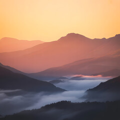 Fototapeta premium Mystical Mountains Valley Mist Sunrise Scenery Mountain Range Tranquil Nature Outdoors Serene Panorama Landscape Golden Hour Moody Landscape Sunlight Silhouette Scenic