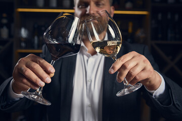 Close up of sommelier toasting with red and white wine in dimly lit bar. Concept of art and visual culture, luxury service ads, symbolizing connection, celebration, and elegant emotion.