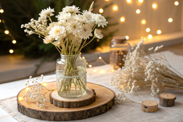 White dried flowers arranged in glass vase on wooden board with soft light