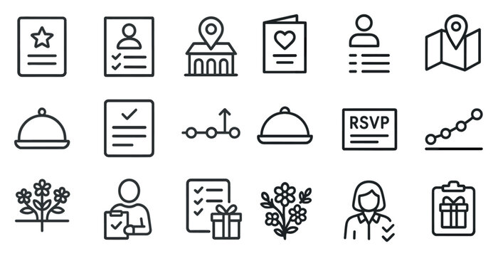 Event and planning outline icons set – linear, flat, organization and schedule symbols