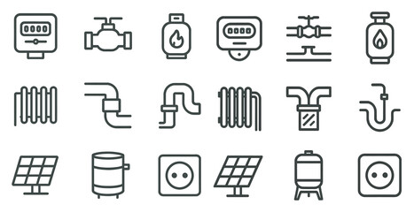 Fototapeta premium Energy and utilities outline icons set – linear, plumbing, power symbols