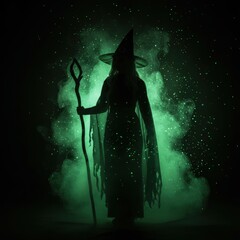 Mystical Witch Silhouette with Green Magic Smoke and Staff
