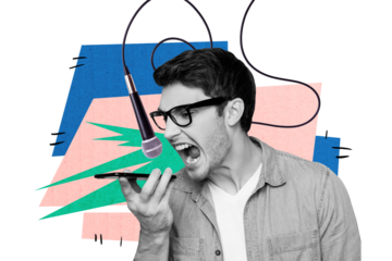 Composite trend artwork sketch image photo collage of monochrome student eyewear young man scream microphone hold smartphone bossy angry