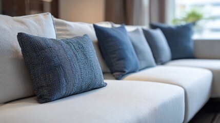 Italian modern couch accented with Japanese indigo cushions