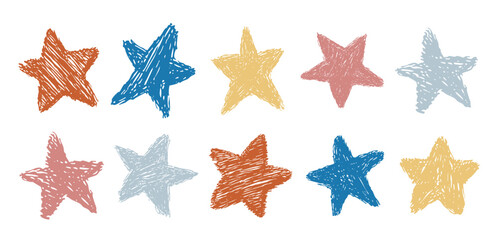 Obraz premium Colorful crayon stars vector illustration, hand drawn chalk textured shapes in red, blue, yellow, and gray tones, playful children’s drawing design for kids art, decoration, and creative graphic proje