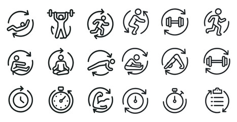 Fitness and exercise outline icons set – workout, training, gym symbols