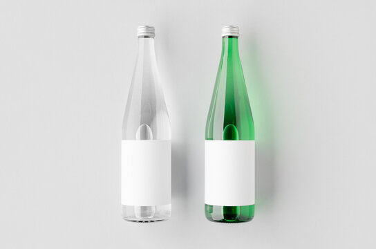 Water bottle mockup, green and clear glass, blank label