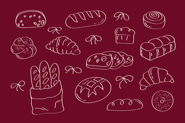 Bread and pastry doodle set for bakery branding, packaging and cafe illustration. perfect for branding bakeries, product packaging, social media templates, menu and cafe illustrations.