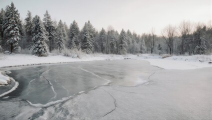 Frozen River Landscape - A Winter Wonderland Scene with Snow-Covered Trees.