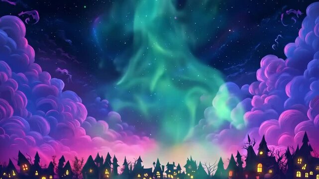 Halloween spooky night with a cauldron bubbling vibrant green potion and wooden spoon. Scary haunted houses, pumpkins, candles under a starry sky. Samhain