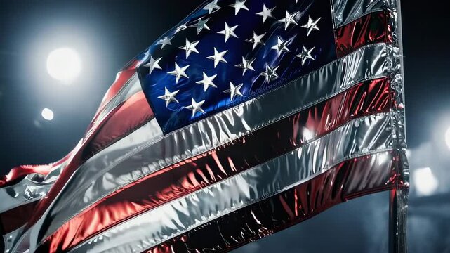 Patriotic United States Flag Waving in a Dark Setting Illuminated by Spotlight with Bright Reflections