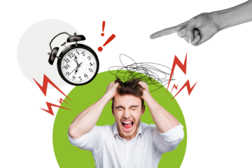 Creative collage picture young stressed irritated man trouble alarm clock deadline miss arrangement appointment overloaded employee