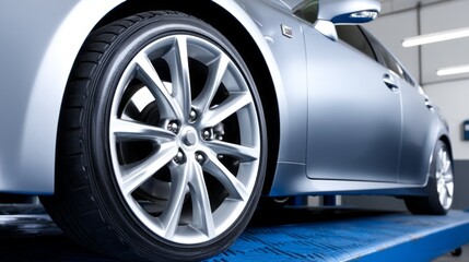A silver car rests on a lift in an auto repair shop, highlighting its sleek wheel and tire. The shop is clean, well-lit, and bustling with activity as mechanics work on various vehicles