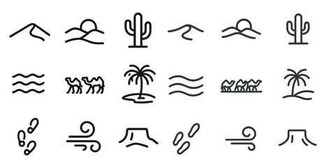 Naklejka premium Desert and nature outline icons set – cactus, landscape, wind symbols in line style