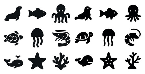 Naklejka premium Marine life silhouette icons set – solid, filled, ocean and aquatic symbols