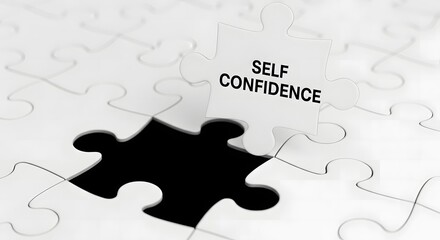 A single puzzle piece with the words self confidence stands out from a white puzzle