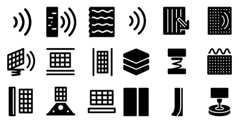 Sound and wave solid icons set – silhouette, filled, audio and frequency symbols