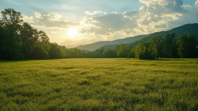 A golden sun sets over a vast grassy field surrounded by mountains and trees