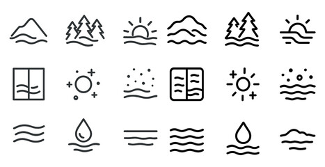 Naklejka premium Nature outline icons set – flat, silhouette, natural elements and scenery symbols