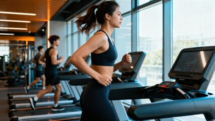 Fitness enthusiasts jogging on treadmills in a modern gym setting.