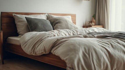 Nordic-style bed with Japanese futon layering, neutral calm tones
