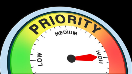 Priority high, text level concept illustration with barometer or tachometer meter on black background. Suitable for maximum importance, urgent tasks, and top-focus visuals