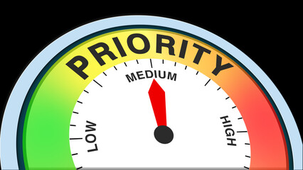 Priority medium, text level concept illustration with barometer or tachometer meter on black background. Suitable for balanced importance, moderate urgency, and average focus task visuals